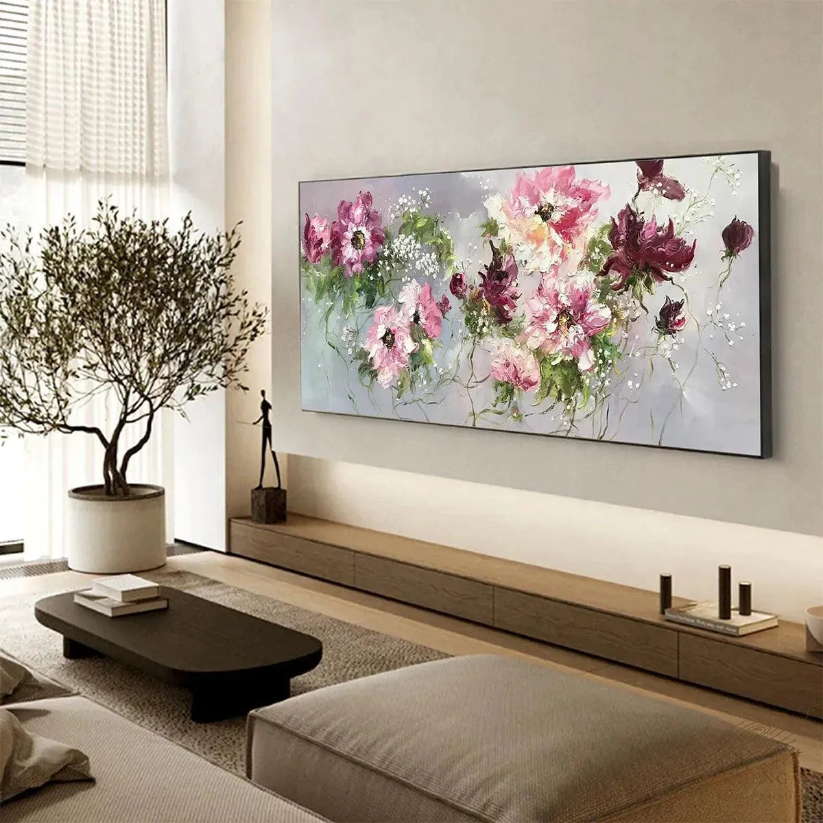 WILD ROSE WHISPERS: Floral Painting, Panoramic Wall Art, Romantic Decor, Pink and Burgundy Flowers - Image 5