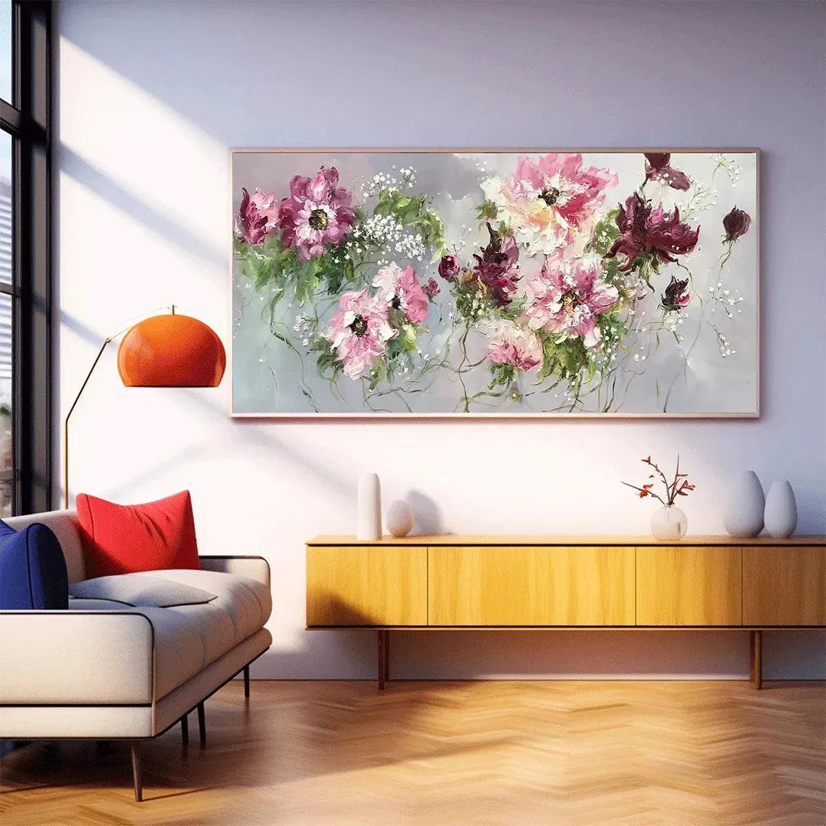 WILD ROSE WHISPERS: Floral Painting, Panoramic Wall Art, Romantic Decor, Pink and Burgundy Flowers - Image 6