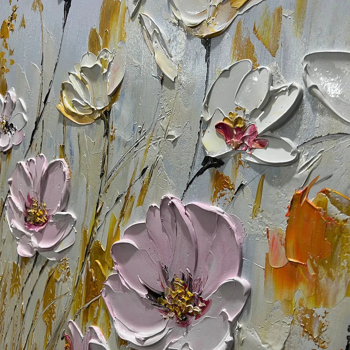 FIELD OF DREAMS: Horizontal Impasto Painting of Pink and White Flowers, Golden Field, Textured Wall Art - Image 3
