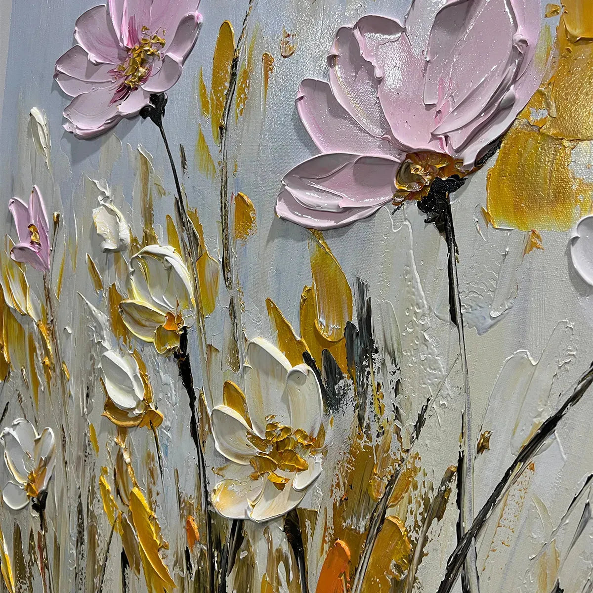 FIELD OF DREAMS: Horizontal Impasto Painting of Pink and White Flowers, Golden Field, Textured Wall Art - Image 6