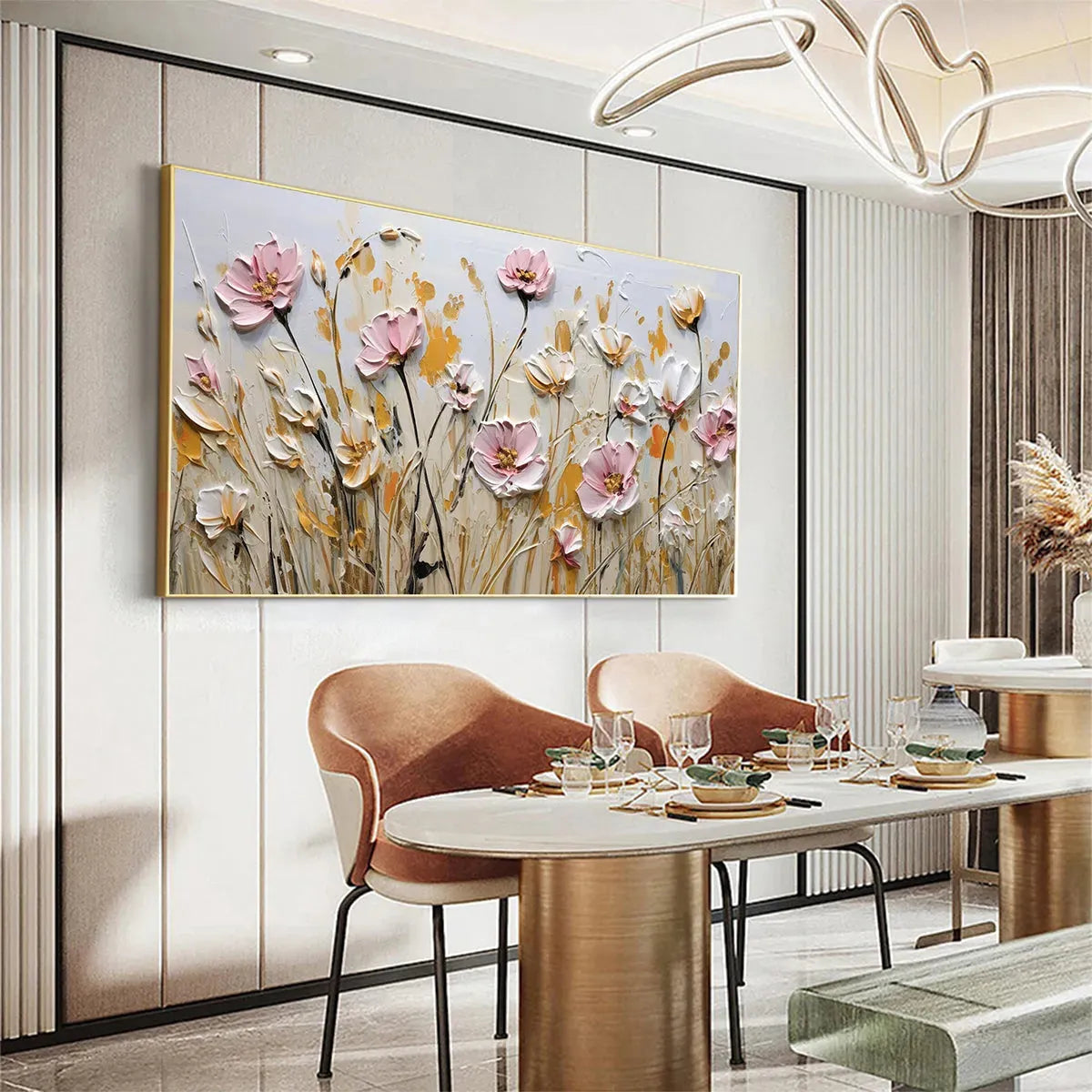 FIELD OF DREAMS: Horizontal Impasto Painting of Pink and White Flowers, Golden Field, Textured Wall Art - Image 5