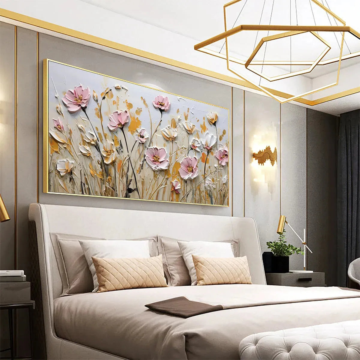 FIELD OF DREAMS: Horizontal Impasto Painting of Pink and White Flowers, Golden Field, Textured Wall Art - Image 7