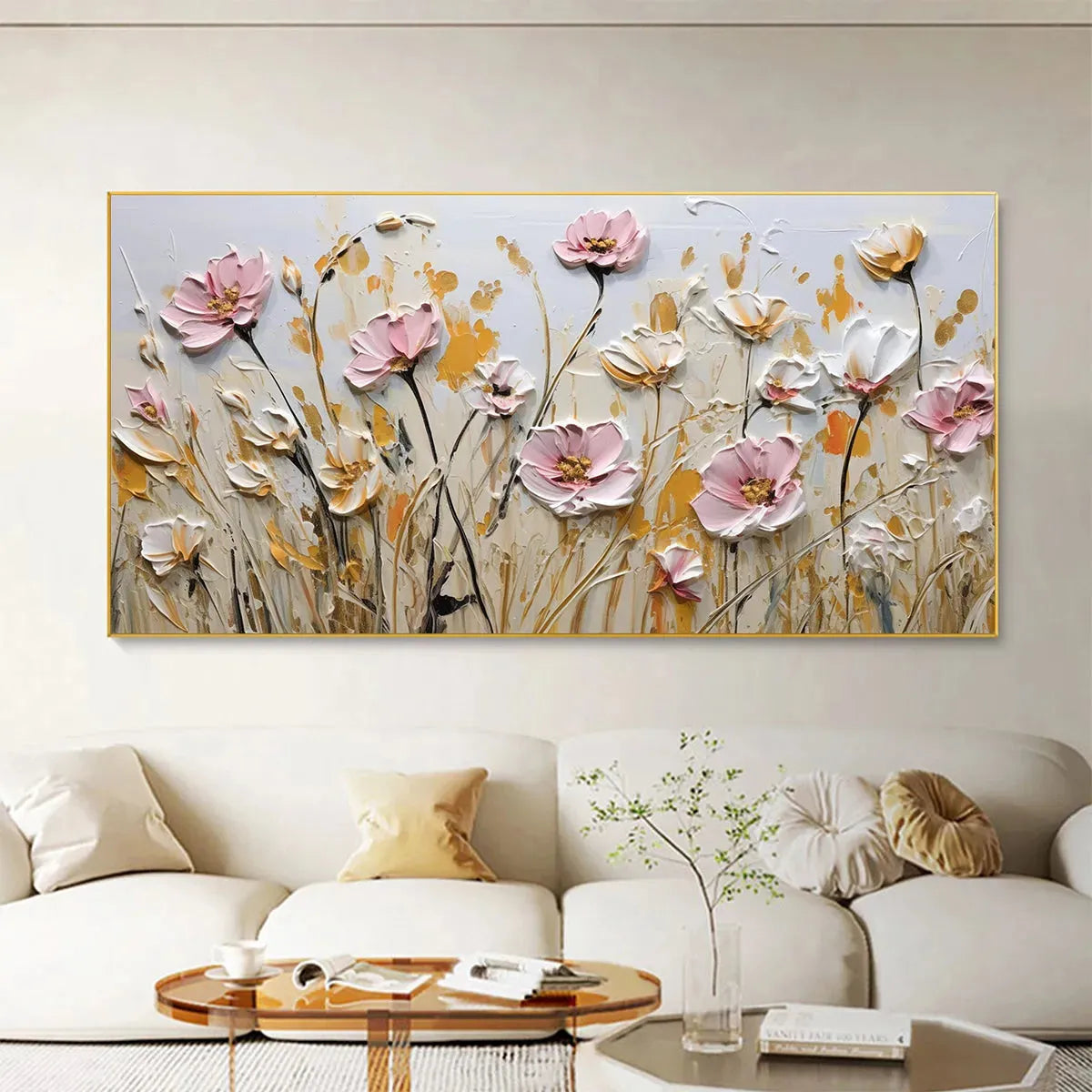 FIELD OF DREAMS: Horizontal Impasto Painting of Pink and White Flowers, Golden Field, Textured Wall Art - Image 2