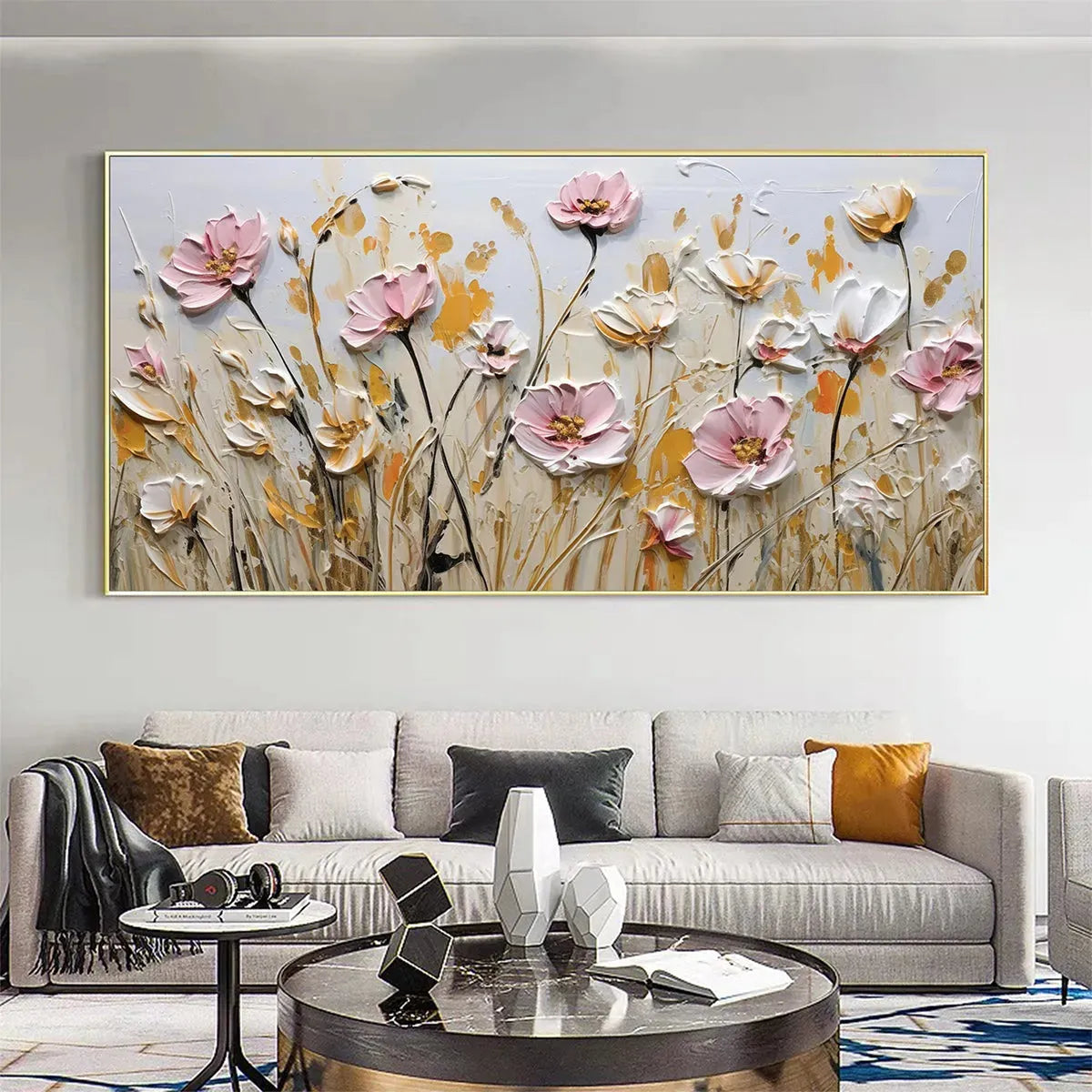 FIELD OF DREAMS: Horizontal Impasto Painting of Pink and White Flowers, Golden Field, Textured Wall Art - Image 8
