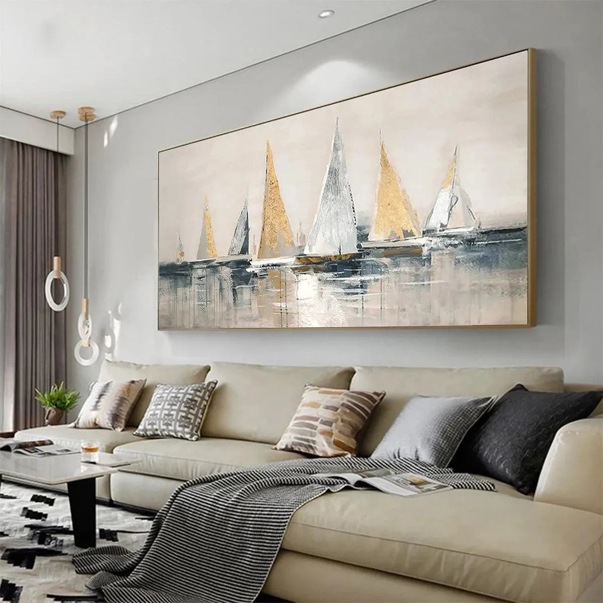 GOLDEN SAILBOATS: Textured Seascape Painting, Horizontal Wall Art - Image 3