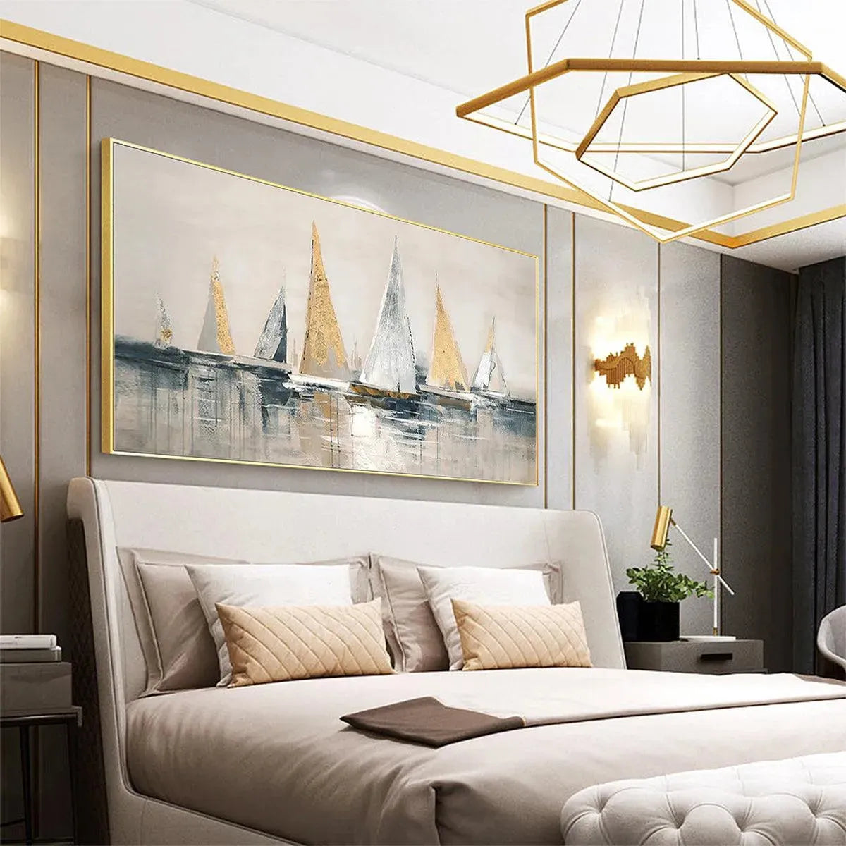 GOLDEN SAILBOATS: Textured Seascape Painting, Horizontal Wall Art - Image 5