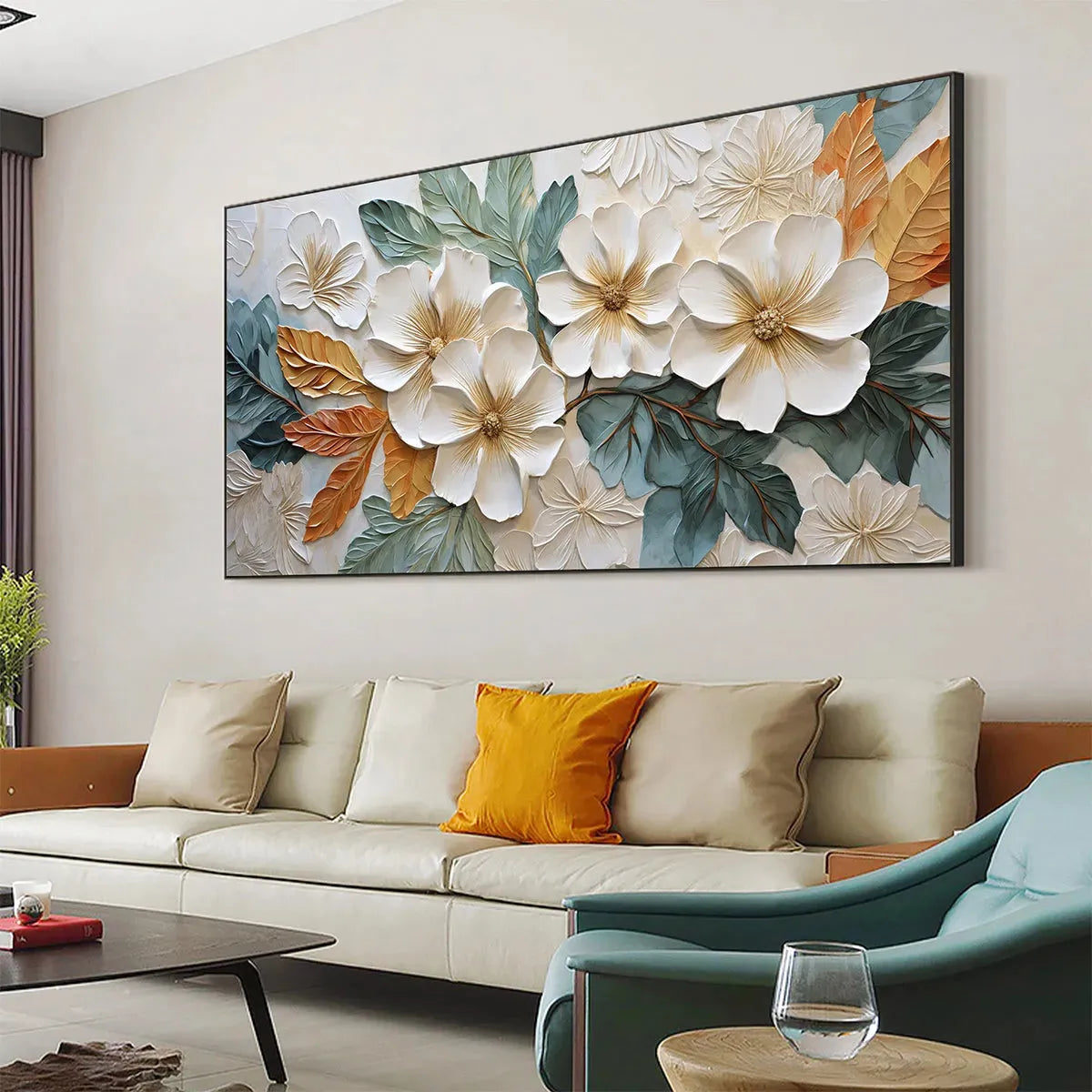 WHITE MAGNOLIAS: Horizontal Textured Floral Painting, White and Gold Magnolias, Modern Wall Art, Living Room, Bedroom - Image 4