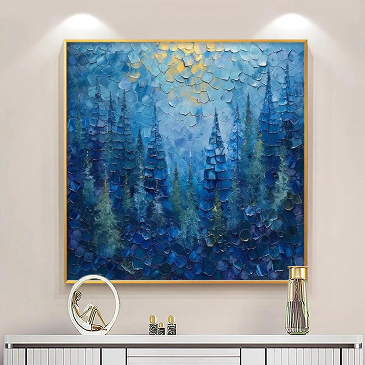 BLUE FOREST: Textured Forest Painting, Blue Landscape Wall Art, Square Canvas, Impasto Decor - Image 8