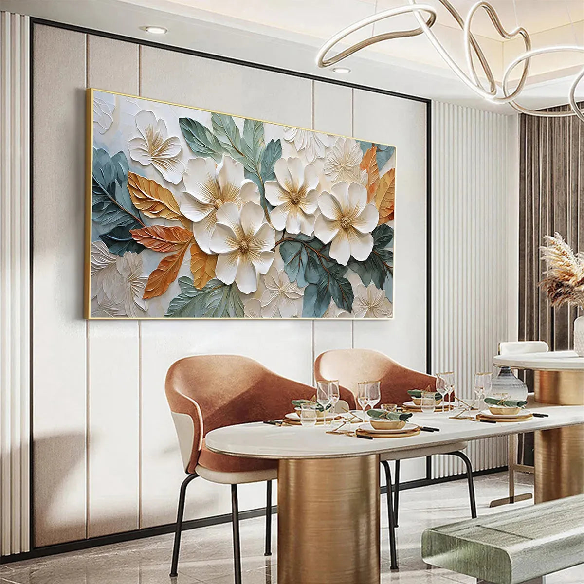 WHITE MAGNOLIAS: Horizontal Textured Floral Painting, White and Gold Magnolias, Modern Wall Art, Living Room, Bedroom - Image 7