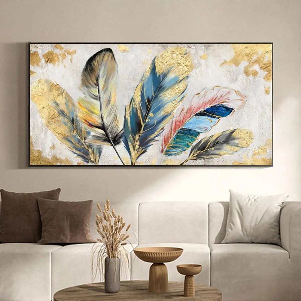 GOLDEN AND BLUE FEATHERS: Vibrant Feather Painting, Horizontal Wall Art - Image 2