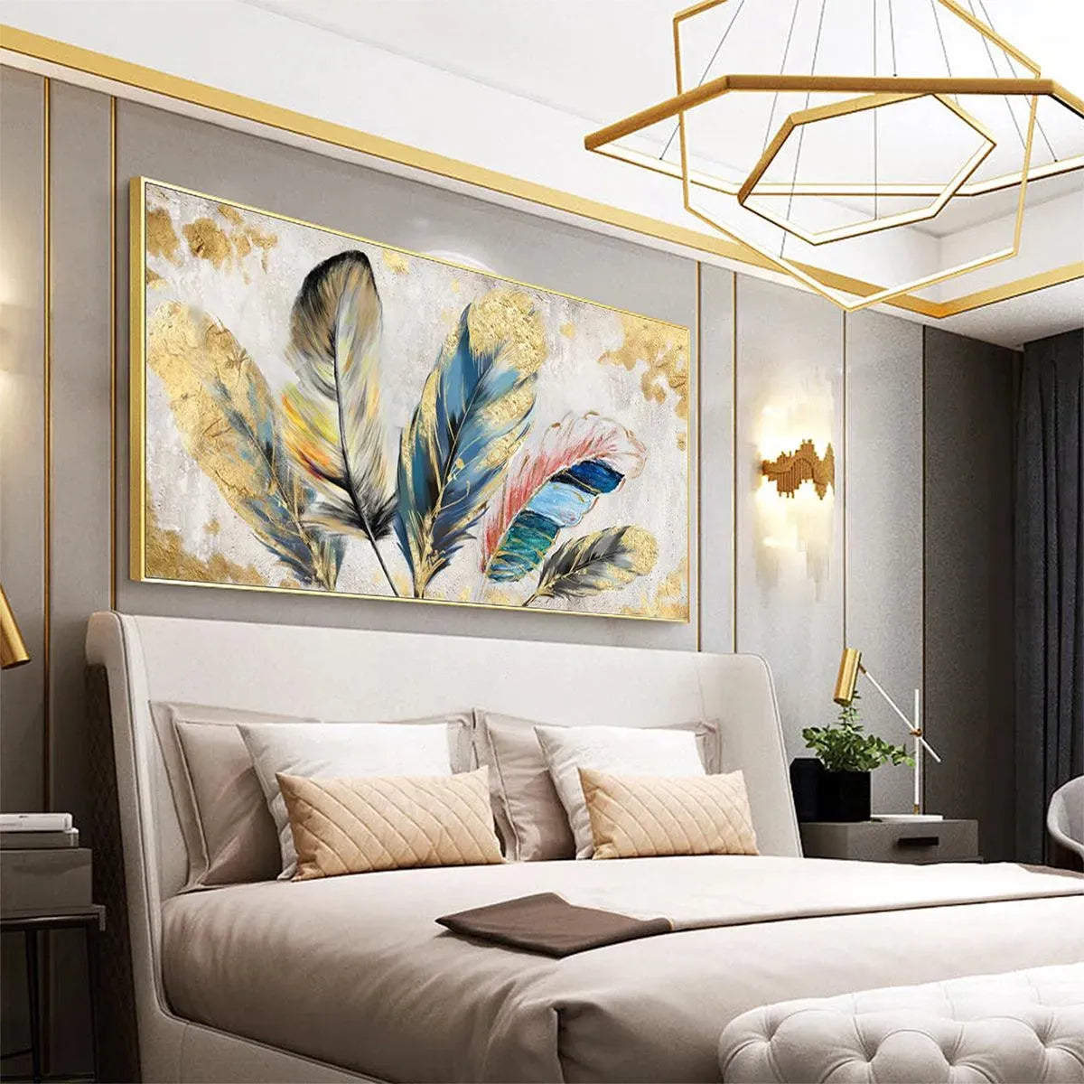 GOLDEN AND BLUE FEATHERS: Vibrant Feather Painting, Horizontal Wall Art - Image 6