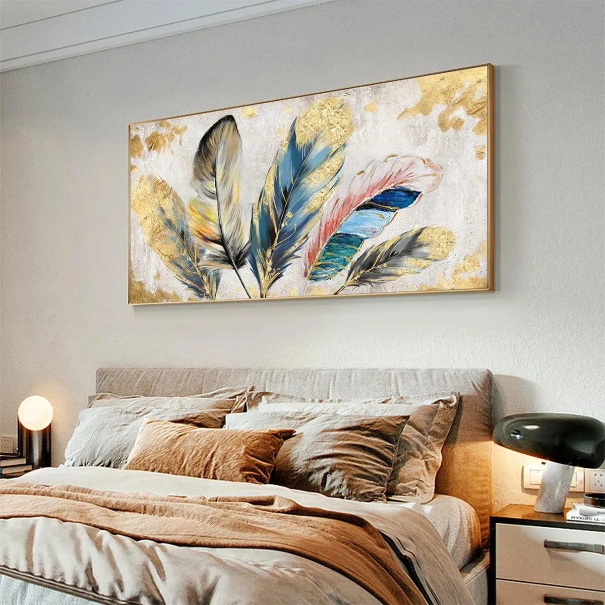 GOLDEN AND BLUE FEATHERS: Vibrant Feather Painting, Horizontal Wall Art - Image 4