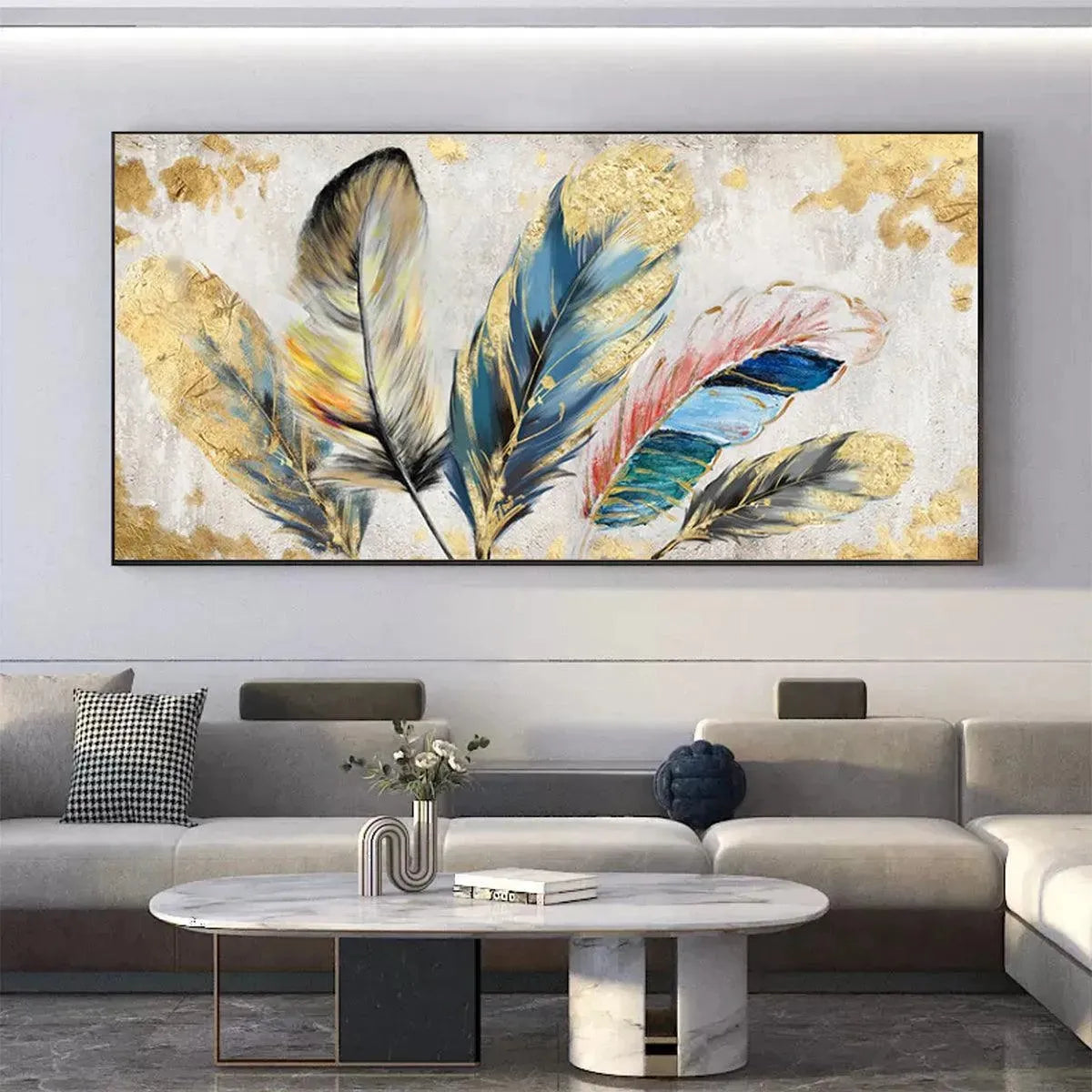 GOLDEN AND BLUE FEATHERS: Vibrant Feather Painting, Horizontal Wall Art - Image 7