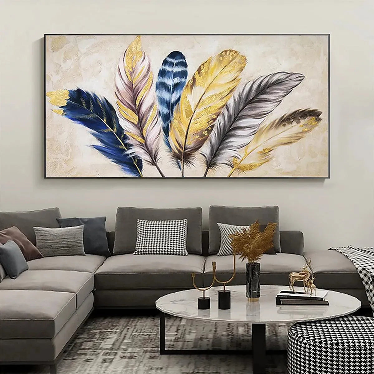 GOLDEN FEATHERS: Elegant Feather Painting, Horizontal Wall Art - Image 2