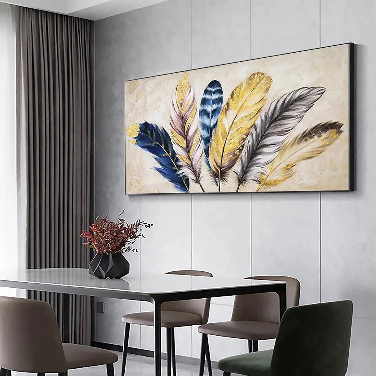 GOLDEN FEATHERS: Elegant Feather Painting, Horizontal Wall Art - Image 4
