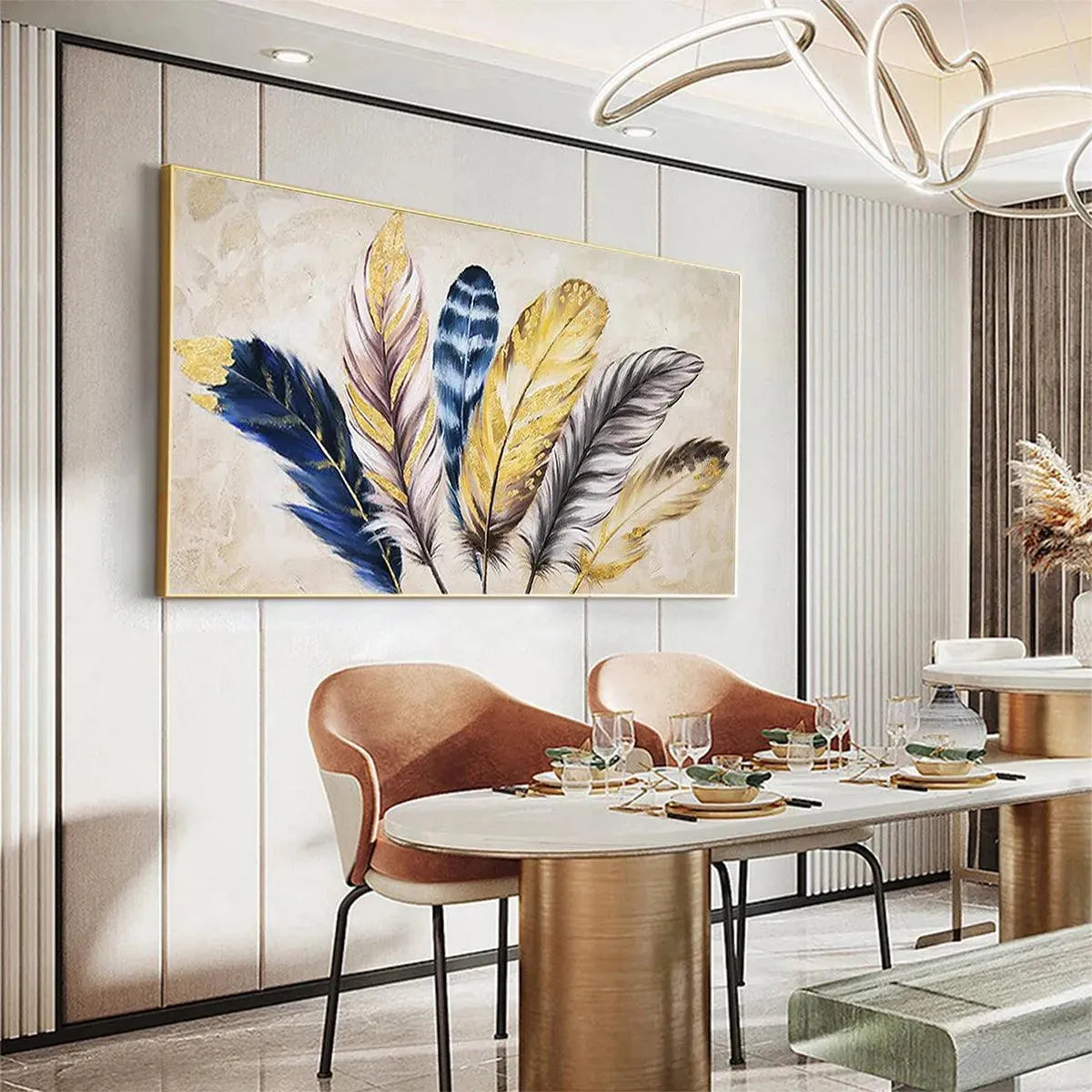 GOLDEN FEATHERS: Elegant Feather Painting, Horizontal Wall Art - Image 7