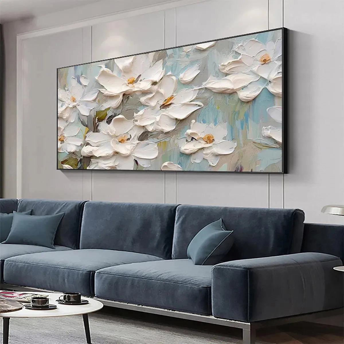 WHITE MAGNOLIA BLOSSOMS: Textured Floral Painting, White Flower Wall Art, Panoramic Canvas, Impressionist Decor - Image 2