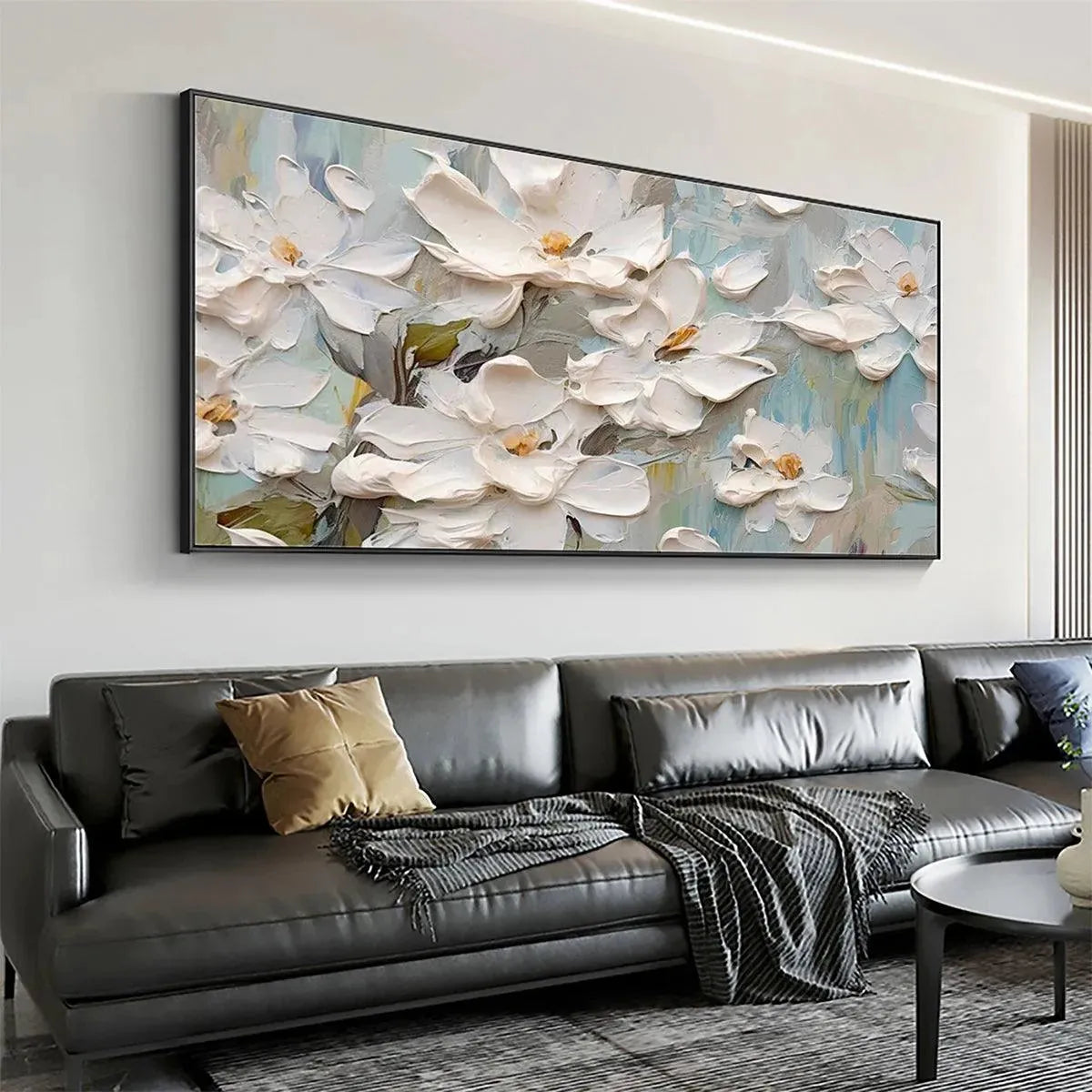 WHITE MAGNOLIA BLOSSOMS: Textured Floral Painting, White Flower Wall Art, Panoramic Canvas, Impressionist Decor - Image 4