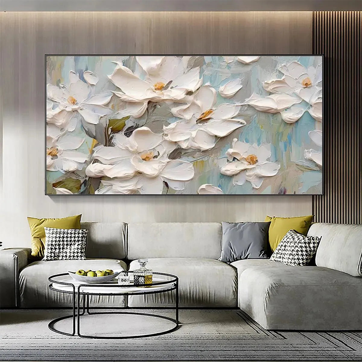 WHITE MAGNOLIA BLOSSOMS: Textured Floral Painting, White Flower Wall Art, Panoramic Canvas, Impressionist Decor - Image 5