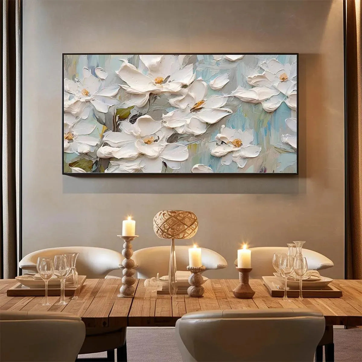 WHITE MAGNOLIA BLOSSOMS: Textured Floral Painting, White Flower Wall Art, Panoramic Canvas, Impressionist Decor - Image 7