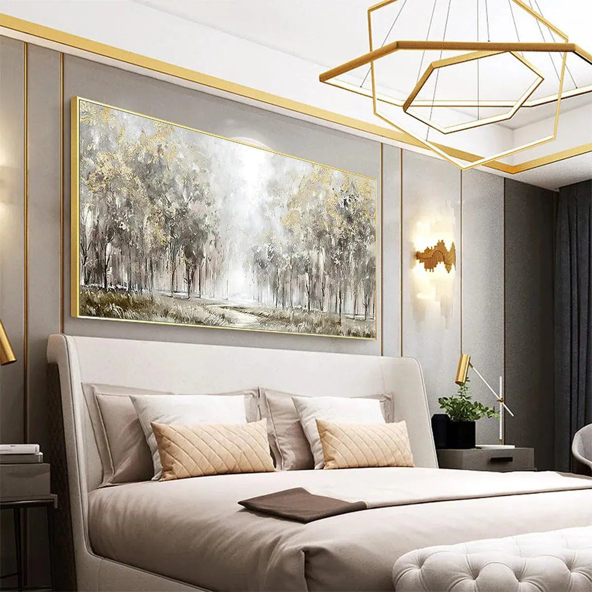 GOLDEN FOREST PATH: Textured Forest Landscape Painting, Panoramic Wall Art - Image 7