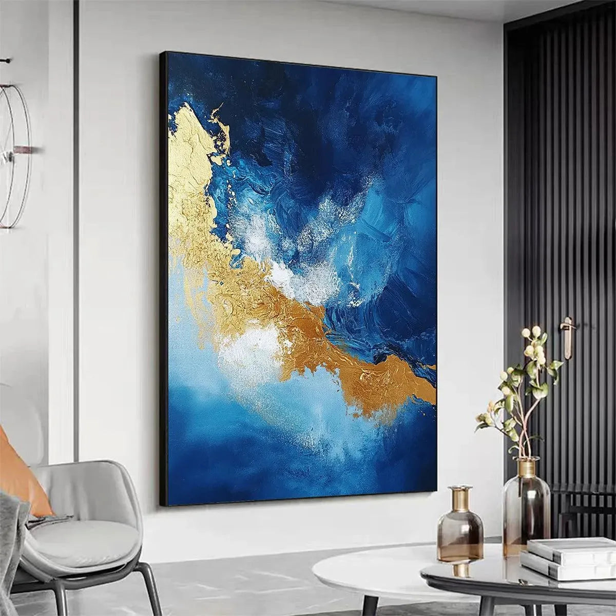 GOLDEN TIDE: Vertical Abstract Painting, Blue, Gold - Image 3