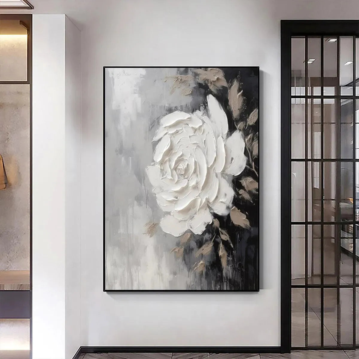 TEXTURED WHITE ROSE: 3D Floral Impasto Painting, Square Wall Art - Image 2