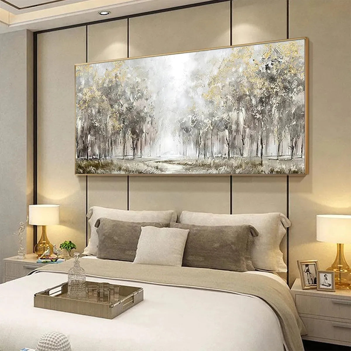 GOLDEN FOREST PATH: Textured Forest Landscape Painting, Panoramic Wall Art - Image 4