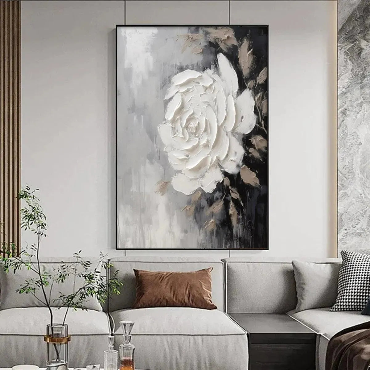 TEXTURED WHITE ROSE: 3D Floral Impasto Painting, Square Wall Art - Image 6
