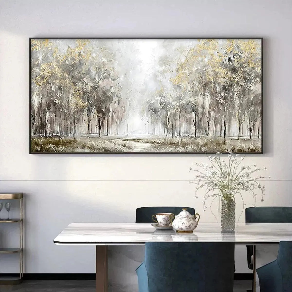 GOLDEN FOREST PATH: Textured Forest Landscape Painting, Panoramic Wall Art - Image 2