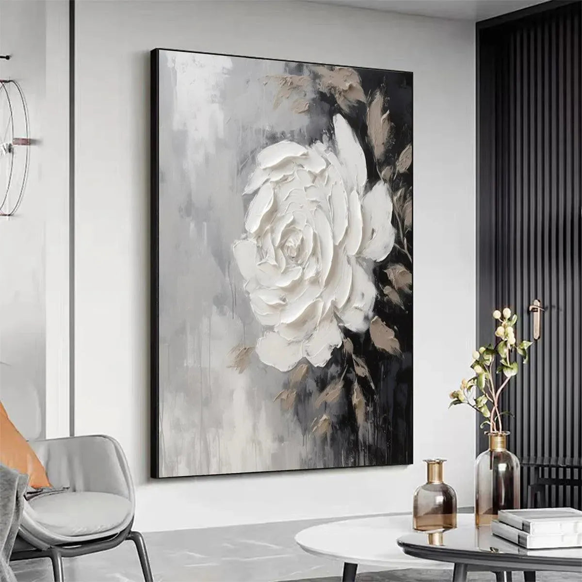 TEXTURED WHITE ROSE: 3D Floral Impasto Painting, Square Wall Art - Image 7