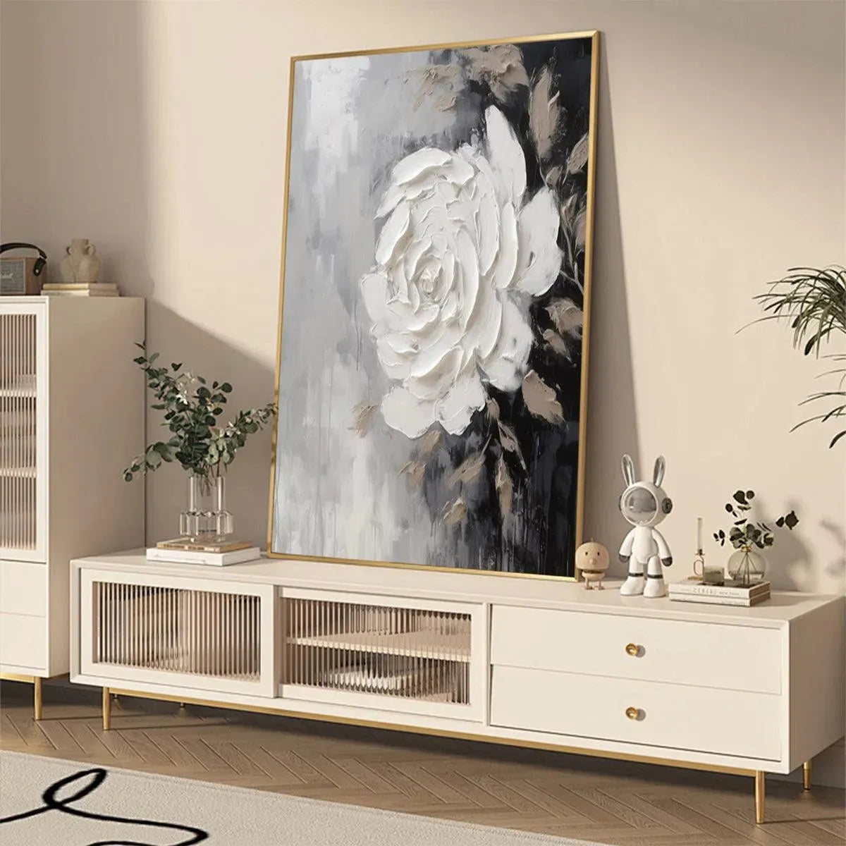 TEXTURED WHITE ROSE: 3D Floral Impasto Painting, Square Wall Art - Image 4