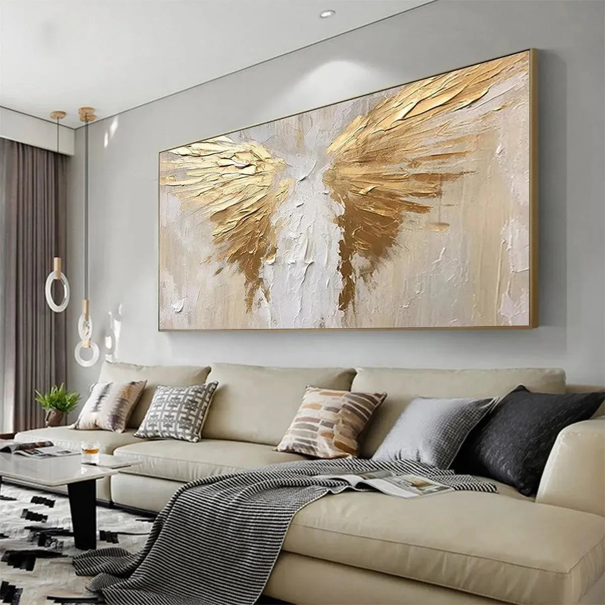 GOLDEN WINGS: Textured Abstract Painting, Gold and Beige Wall Art, Panoramic Canvas, Modern Decor - Image 8