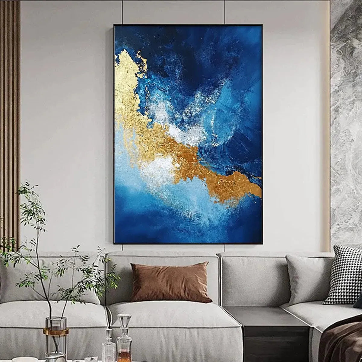 GOLDEN TIDE: Vertical Abstract Painting, Blue, Gold - Image 2