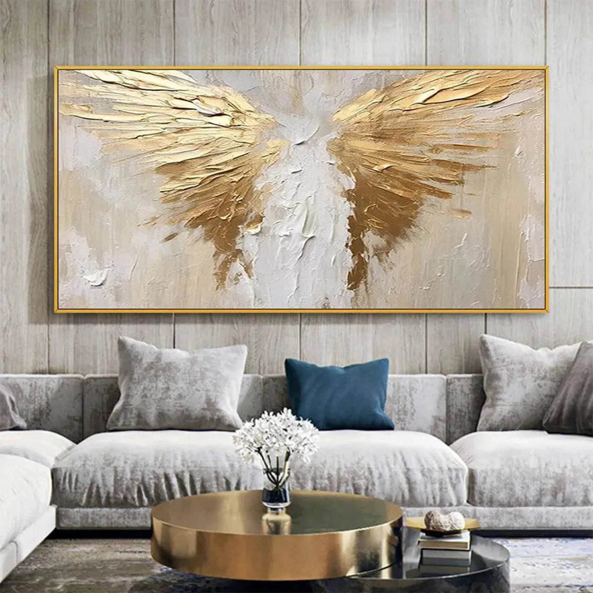 GOLDEN WINGS: Textured Abstract Painting, Gold and Beige Wall Art, Panoramic Canvas, Modern Decor - Image 2