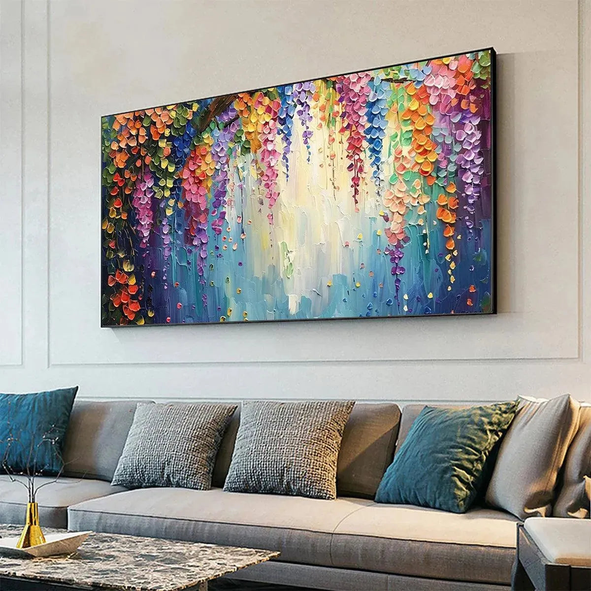 WISTERIA WATERFALL: Textured Floral Painting, Colorful Wisteria Wall Art, Panoramic Canvas, Impressionist Decor - Image 4