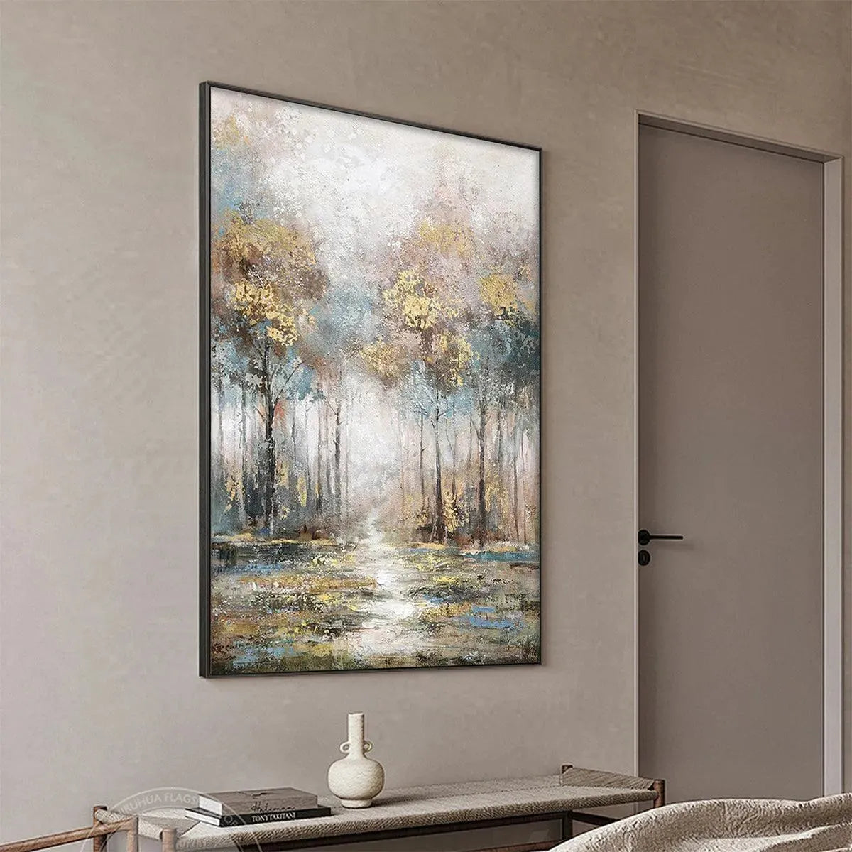 GOLDEN FOREST PATH: Textured Forest Landscape Painting, Vertical Wall Art - Image 6