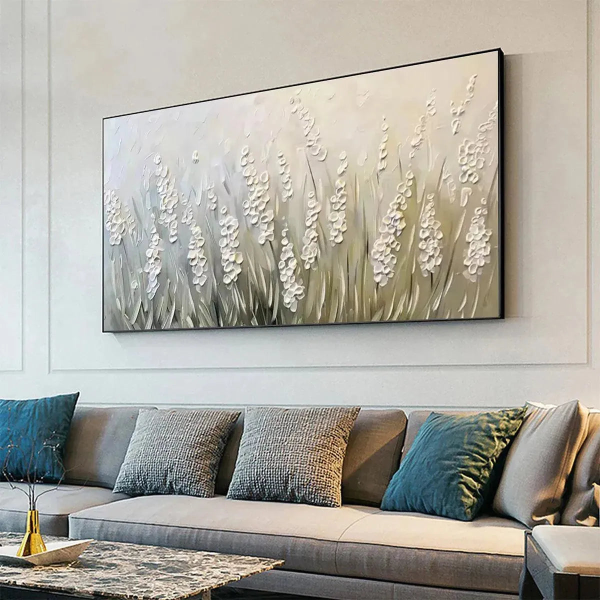 WHISPERING FIELDS: Textured White Floral Painting, 3D Flower Wall Art, Panoramic Canvas, Serene Decor - Image 2