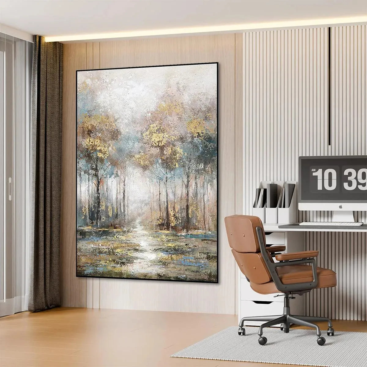 GOLDEN FOREST PATH: Textured Forest Landscape Painting, Vertical Wall Art - Image 4