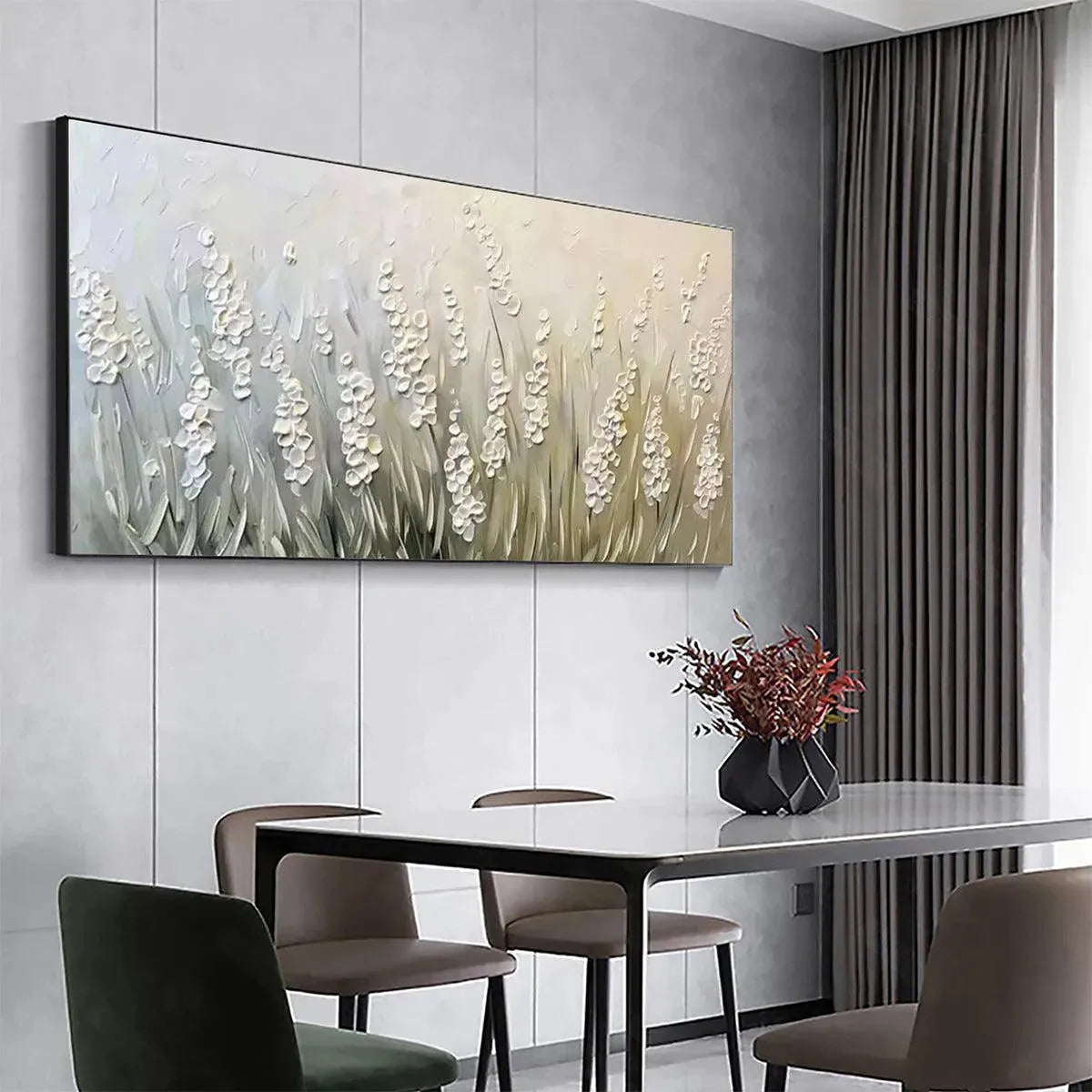 WHISPERING FIELDS: Textured White Floral Painting, 3D Flower Wall Art, Panoramic Canvas, Serene Decor - Image 4