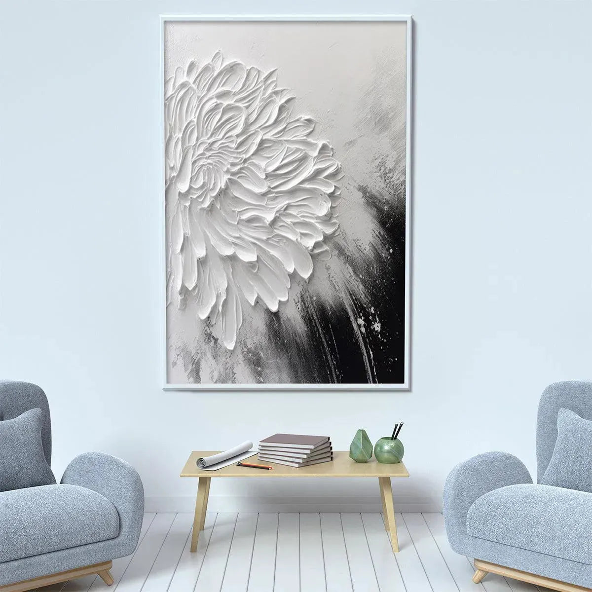 WHITE TEXTURED BLOOM: 3D Floral Impasto Painting, Vertical Wall Art - Image 5