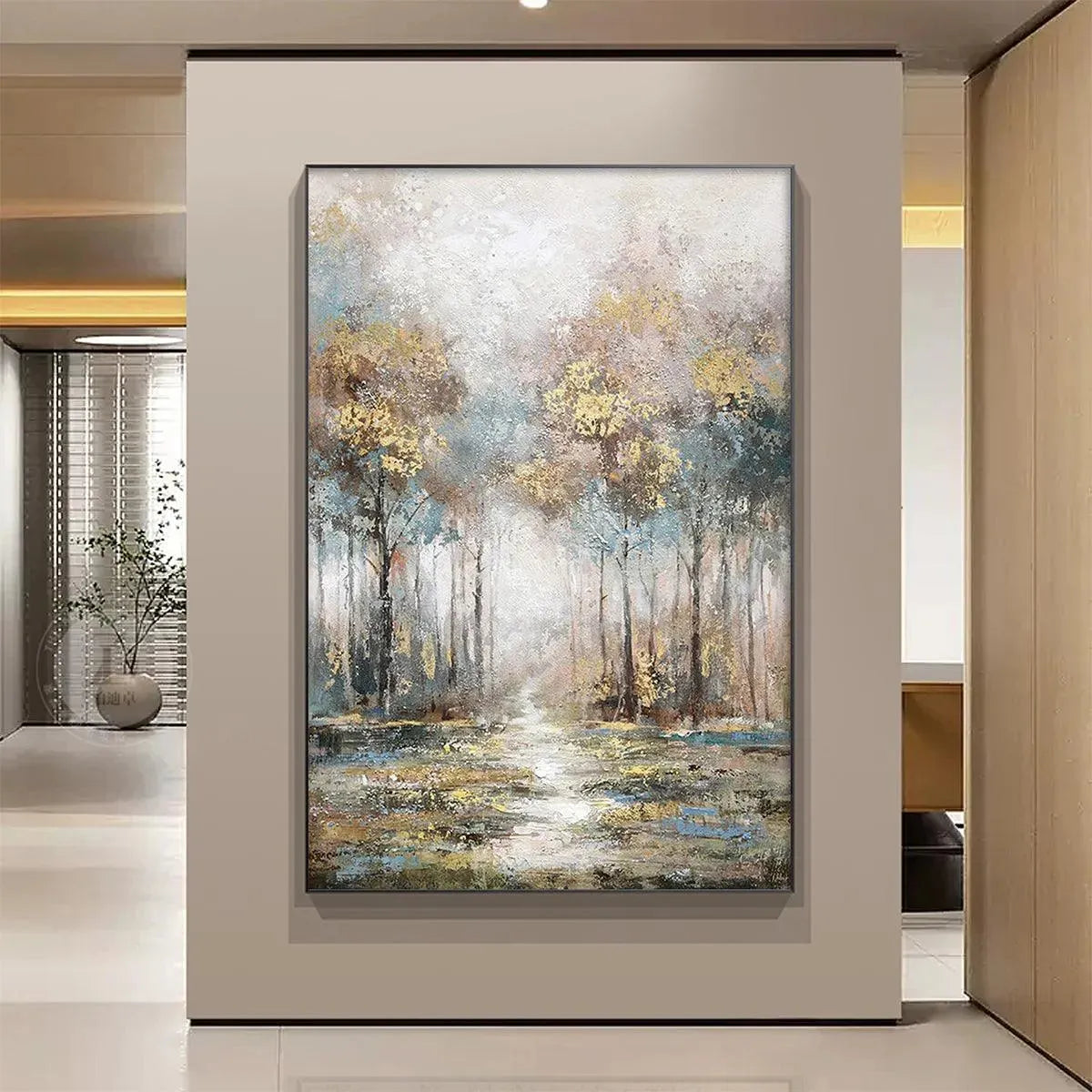 GOLDEN FOREST PATH: Textured Forest Landscape Painting, Vertical Wall Art - Image 2