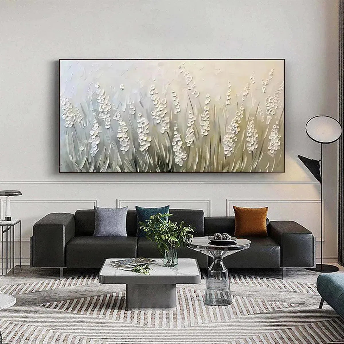 WHISPERING FIELDS: Textured White Floral Painting, 3D Flower Wall Art, Panoramic Canvas, Serene Decor - Image 6