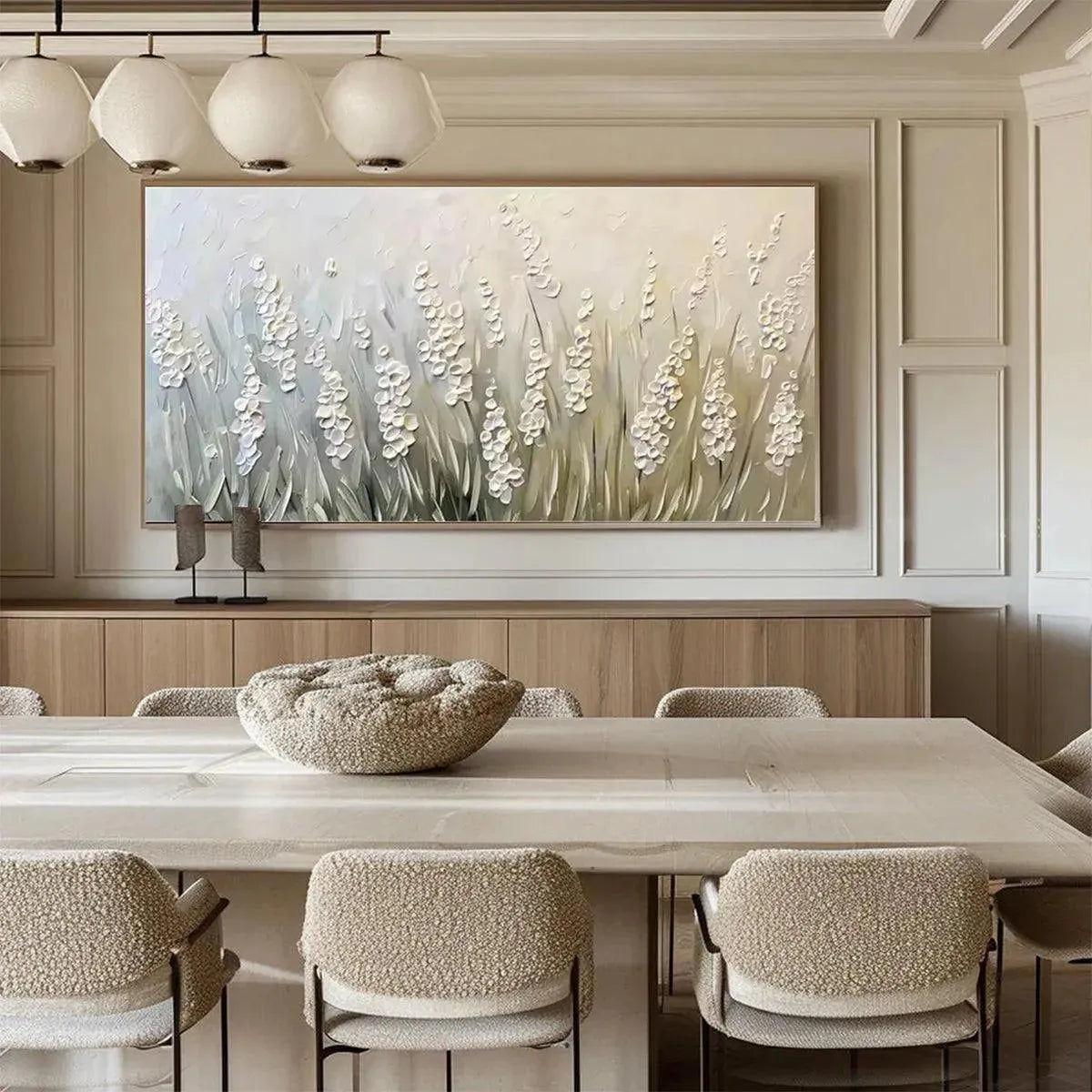 WHISPERING FIELDS: Textured White Floral Painting, 3D Flower Wall Art, Panoramic Canvas, Serene Decor - Image 7