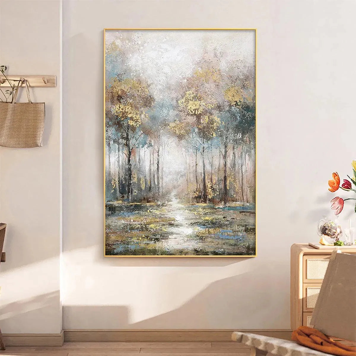 GOLDEN FOREST PATH: Textured Forest Landscape Painting, Vertical Wall Art - Image 8