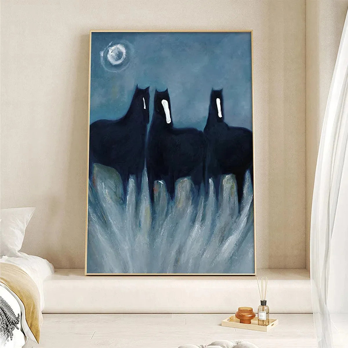 THREE HORSES AT NIGHT: Minimalist Horse Painting, Vertical Wall Art - Image 2