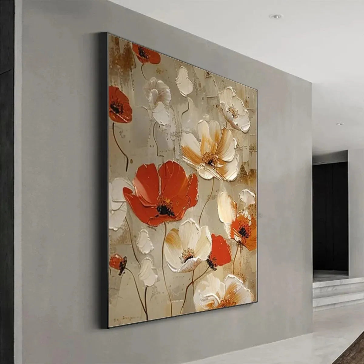 CRIMSON FIELDS: Textured Poppy Painting, Red and White Floral Wall Art, Square Canvas, Romantic Decor - Image 7