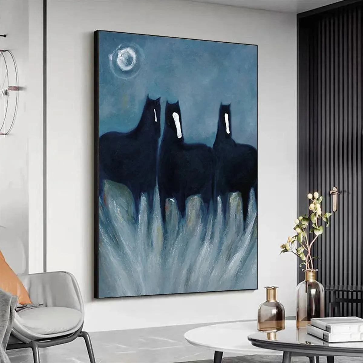 THREE HORSES AT NIGHT: Minimalist Horse Painting, Vertical Wall Art - Image 8