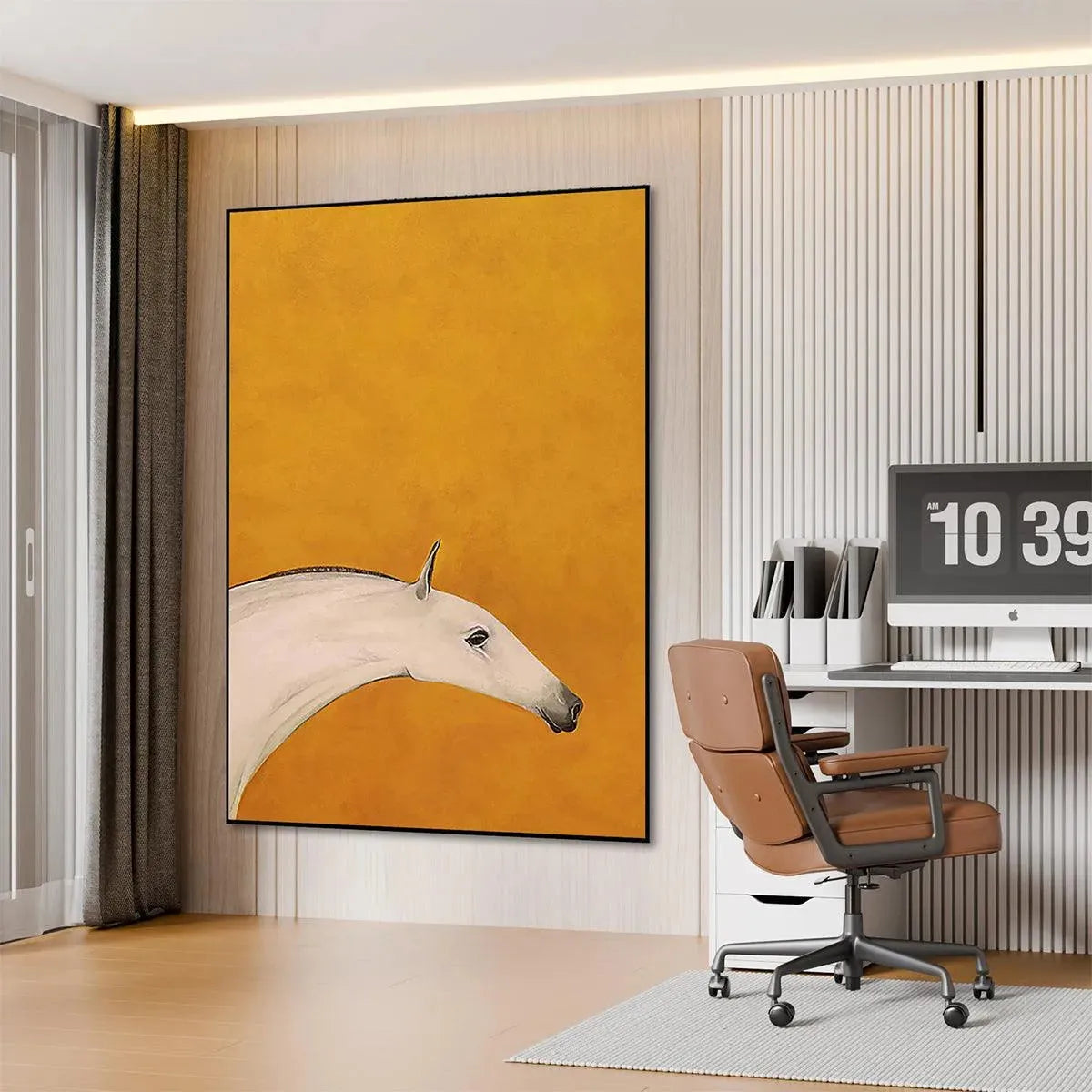 WHITE HORSE ON YELLOW: Minimalist Horse Painting, Vertical Wall Art - Image 7