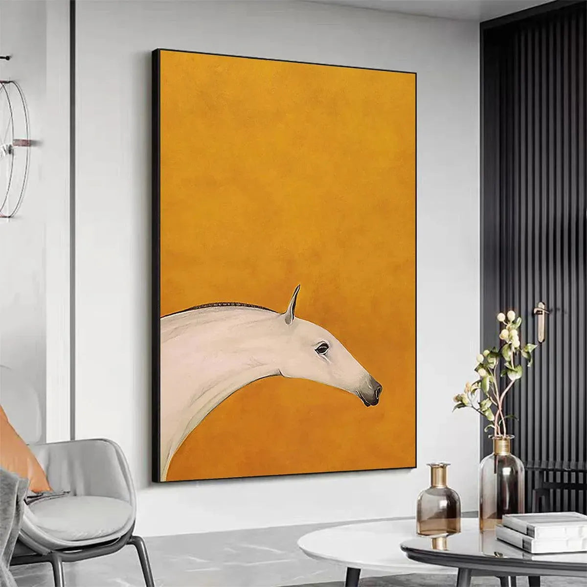 WHITE HORSE ON YELLOW: Minimalist Horse Painting, Vertical Wall Art - Image 5
